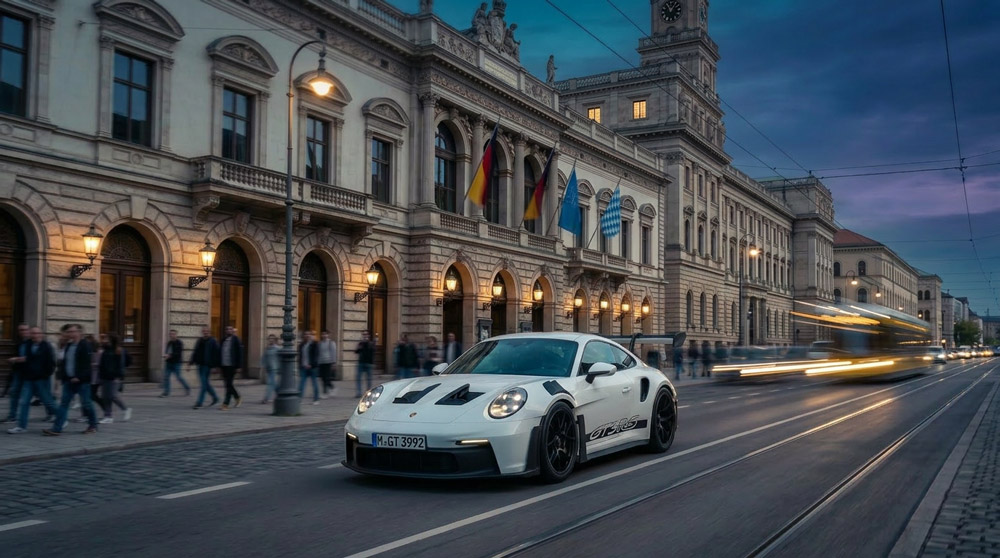 Porsche 911 GT3 mieten – weißer Sportwagen bei Dämmerung in der Stadt