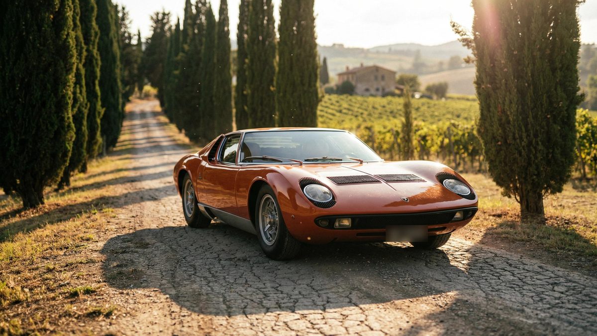 Orangefarbener Lamborghini Miura auf einem Feldweg in Italien