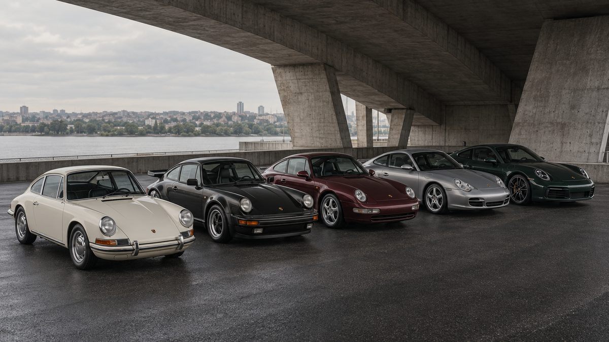 Fünf Generationen Porsche 911 nebeneinander: Ur-Elfer, G-Modell, 993, 996 und 992